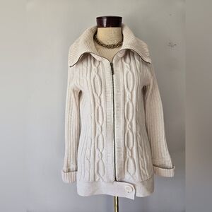 Roots Cotton Cream Cable Knit Zip-Front Sweater Jacket. Size Large
